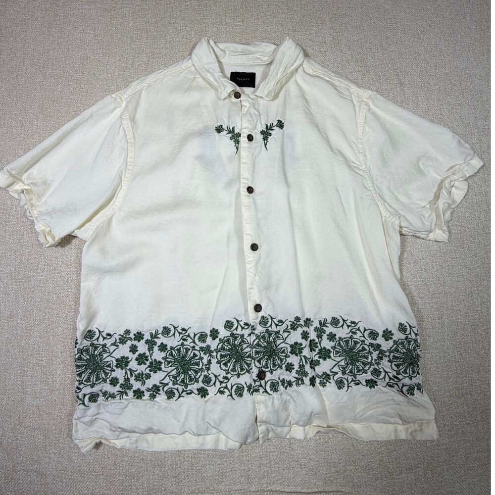 PacSun Womens Lrg White Short Sleeve Embroidered Casual Boho Hippie Chic Shirt